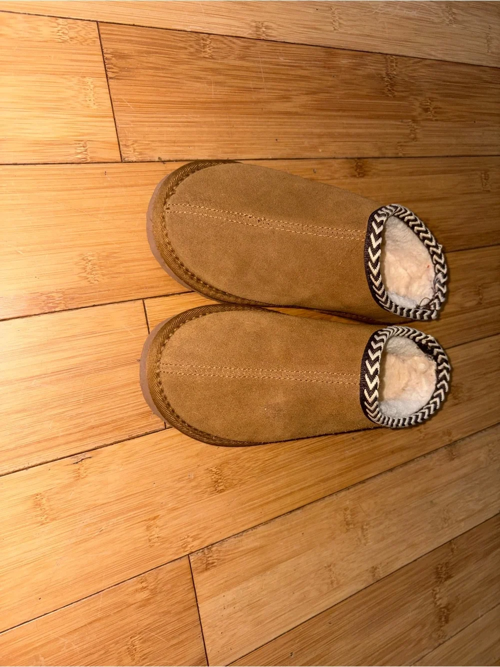BearPaw Kids Tan Suede Shearling Lined Slip-On Slippers